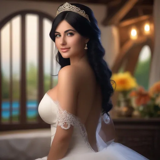 Prompt: Ossetia as a Stunningly Beautiful Short Babyface 18 year old bride with black hair, black eyes, (large breasts), and a big bum in a cottage by the beach at night. best quality, ultra high res, full body view, (sexy), realistic, happy.