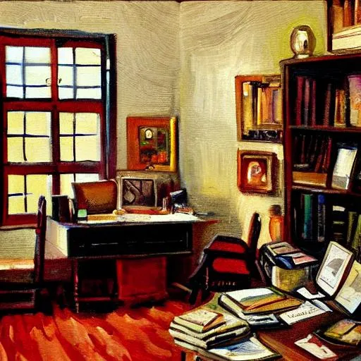 Prompt: A painting of a writer's office 