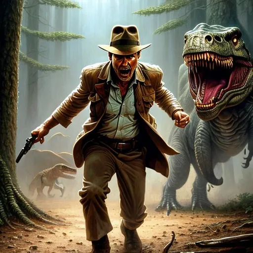 Prompt: ultra realistic illustration, incredibly detailed Harrison Ford face, {{Indiana Jones being chased by a T-Rex}}, intricate, elegant, highly detailed, digital painting, artstation, concept art, smooth, sharp focus, illustration, art by artgerm and greg rutkowski and drew struzan