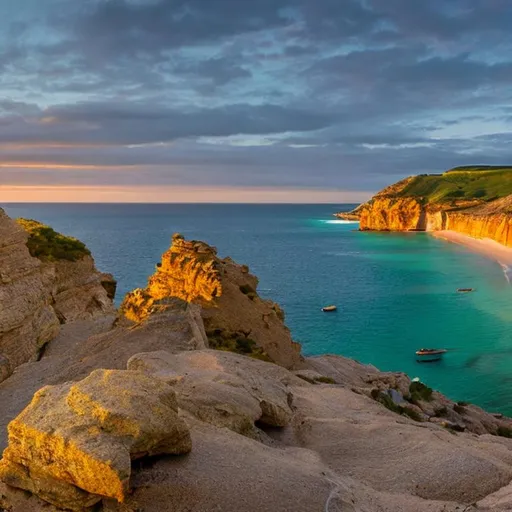 Prompt: panoramic shot, seaside, beach, golden hour, light rays, ambience lighting, cliffs, rocks, rock cliffs, sands, cinestill, national geographic, ultra detailed, 4k, masterpiece 