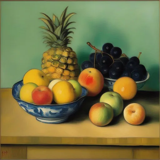 Prompt: still life o f a bowl of fruit by van goh