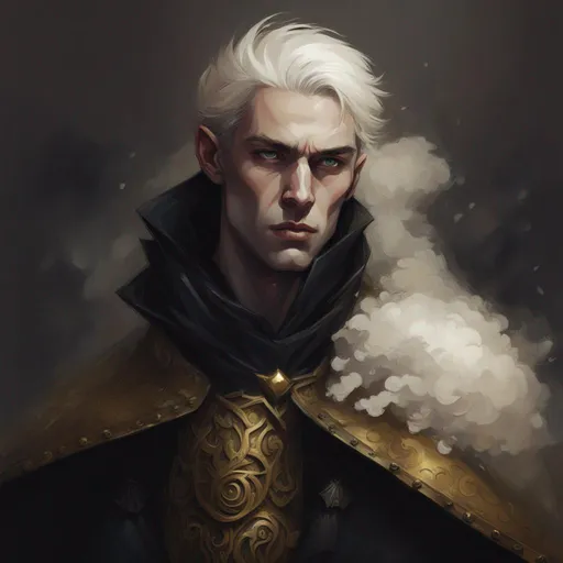 Prompt: male vampire, pale white skin, dusty blonde hair, beautiful eyes, streaks of gold running from eyes, white and black cloak, leather armour, dungeons and dragons theme. Art by Tom Bagshaw, Josef kote, artgerm 
