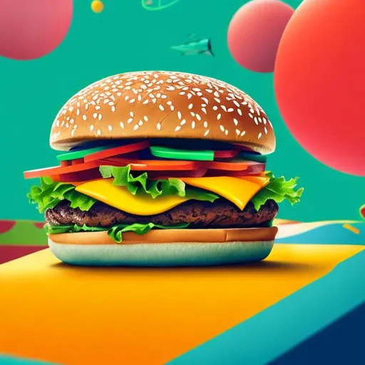 Prompt: Poster art, create an illustration of a detailed hamburger in 8k as a cartoon character riding a skateboard and the background is colorful and cheerful very well detailed, I want vivid bright colors
