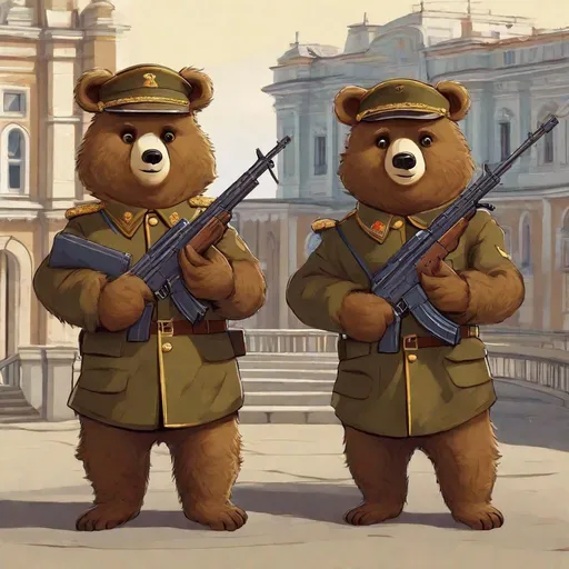 Prompt: two small cute and furry brown bears in russian military uniform with Ak47 rifles in hands, before russian Palace cartoon