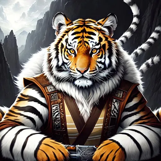 Prompt: Poster art, high-quality high-detail highly-detailed breathtaking hero ((by Aleksi Briclot and Stanley Artgerm Lau)) - ((tiger jedi  )), male, black and white fur, tiger head , only one sword, high detail fur, jedi robes, light sabre, tiger jedi full form, full body of male tiger,highly detailed black and white fur, jedi robes, male,  UHD, 64k, full form, tiger paws, highly detailed full body, highly detailed black clothing. Snow all around, with his back turned, detailed skin, detailed face,full form, detailed forest wilderness setting, male, epic, 8k HD, luminescence , sharp focus, ultra realistic clarity. Hyper realistic, Detailed face, portrait, realistic, close to perfection, more black in the armour, full body, high quality cell shaded illustration, ((full body)), dynamic pose, perfect anatomy, centered, freedom, soul, white long hsir, approach to perfection, cell shading, 8k , cinematic dramatic atmosphere, watercolor painting, global illumination, detailed and intricate environment, artstation, concept art, fluid and sharp focus, volumetric lighting, cinematic lighting, lighting, moon,
