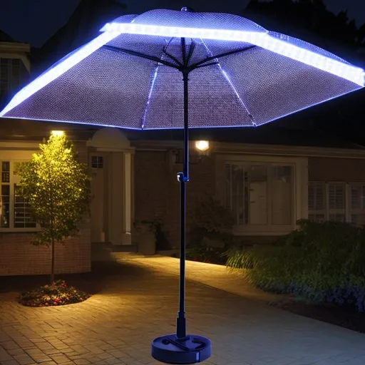 Prompt: Integrate LED lights into the umbrella frame to enhance visibility and safety during nighttime rain.