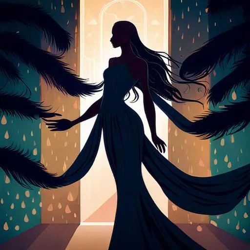 Prompt: Silhouette illustration of a woman 🗣️ long shawl. Curtains within a room with dark warm colors. Send with tiny  mark glowing. Cinematic lifestyle. Posing with elegance. Flying feathers with rain in window. Vibrant colorful background