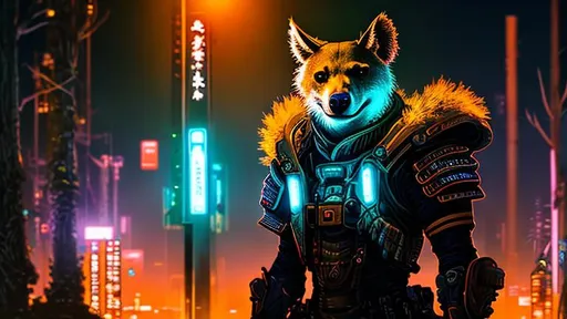 Prompt: anthropomorphic, hyena man cyberpunk samurai solider, futuristic armor, standing in the forest, neon lighting, front point of view, celestial urban landscape background
