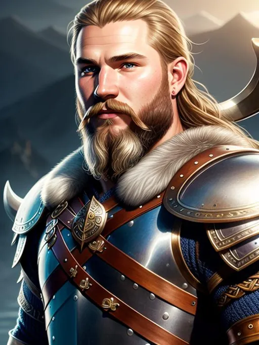 Prompt: epic, ultra detailed, full body portait, full body, viking, male viking, detailed viking armour, ultra detailed face, front, look viewer, ultrarealistic, studio lighting, ray tracing, bloom, fantasy atmosphere, illustration, by Artgerm, by WLOP, by disney