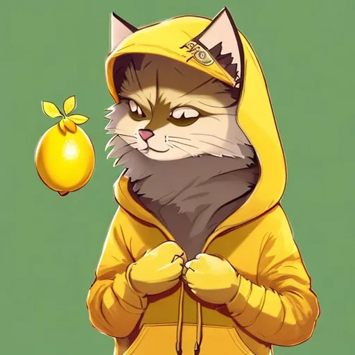 Prompt: A furry yellow cat wearing a hoddie with a lemon on his hand