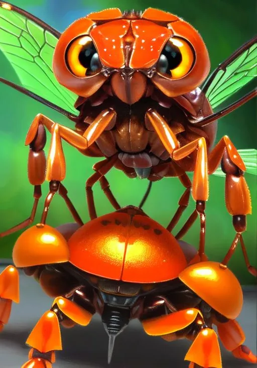 Prompt: UHD, , 8k,  oil painting, Anime,  Very detailed, zoomed out view of character, HD, High Quality, Anime, Pokemon, Paras is a small cute orange insectoid crab-like cicada Pokémon with large eyes and cartoonish mushrooms growing on its head  Its ovoid body is segmented, and it has three pairs of legs. The foremost pair of legs is the largest and has sharp claws at the tips. There are five specks on its forehead and three teeth on either side of its mouth. It has circular eyes with large pseudo pupils.

Red-and-yellow mushrooms known as tochukaso grow on this Pokémon's back. The mushrooms can be removed at any time and grow from spores that are doused on this Pokémon's back at birth by the mushroom on its mother's back. Tochukaso are parasitic in nature, drawing their nutrients from the host Paras's body in order to grow and exerting some command over the Pokémon's actions. For example, Paras drains nutrients from tree roots due to commands from the mushrooms. Paras can often be found in caves. However, it can also thrive in damp forests.

Pokémon by Frank Frazetta