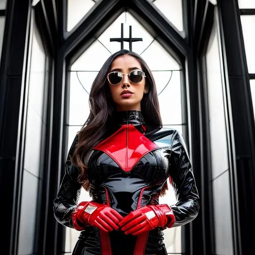Prompt: Beautiful woman from a random country, futuristic black sunglasses wearing a red latex futuristic dress, in a cubist catholic chapel, highly detailed, ambient light, provocative.