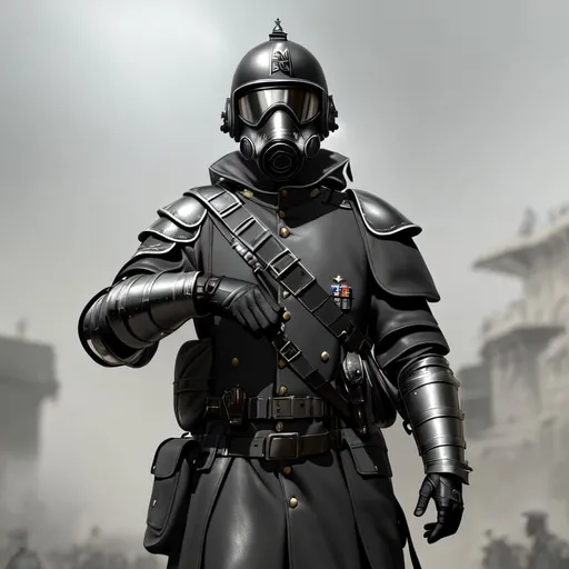 Prompt: Portait of German General  wearing a gasmask and goggles, Black and gray leather armor with  galea helmet of roman armor black helmet WW1, white real color,  Hyperdetailed photorealism, 108 megapixels, amazing depth, powerful imagery, psychedelic Overtones, 3D finalrender, 3d shading, cinematic lighting, artstation concept art.