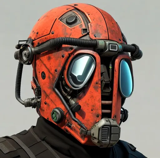 Prompt: there is a man wearing a helmet with a mask on, hard surface concept art, green facemask, inspired by John Fulton Folinsbee, detailed clothes texture, orange: 0.5, steampunk insect, ingame image, broken mask, future techwear, face icon, detailled face