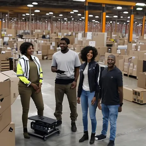 Prompt: 2 black people and 1 white person work in an amazon warehouse with robots. The people are smiling.