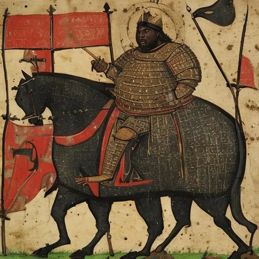 Prompt: Medieval painting of fat black man in knights armor