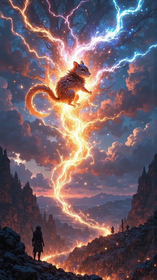 Prompt: ((small magical creature)). ((electric chipmunk)). it has an energy core on its body, orange yellow lighting lots of floating electricity powerful lightning power zapping everywhere. it is so high in the sky it looks small.
 
thundering lightning ominous skies ((wide length camera)), long distance , long shot, low angle, wide depth of field. film grain, film textures. 
