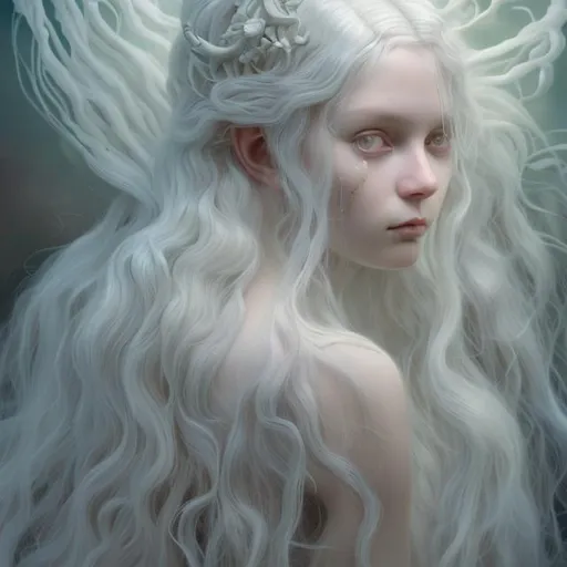 Prompt: close up of a person with long white hair, inspired by Louisa Matthíasdóttir, exquisite matte painting, pale young ghost girl, peter kemp, tom bagshaw weta studio and Jason Benjamin, behance contest winner, intricate 3 d illustration, greek myth digital painting, trending on juxtapoz magazine, jean-sebastien rossbach