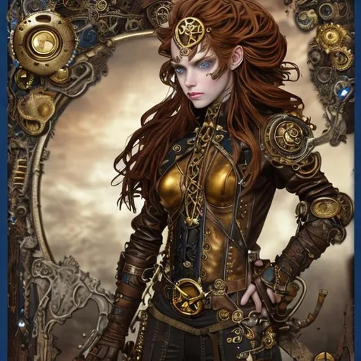 Prompt: Fantasy stunning steampunk woman, standing,  deep even blue eyes, wearing a brass and brown monokel on side of head, soft facial features, with auburn hair streaked with gold, wearing leather cap with brass buttons, leatther high neck jacket, long leather pants trimmed with  brass buttons, brown boots with brass eyelets, laced up,  detailed edges on white background