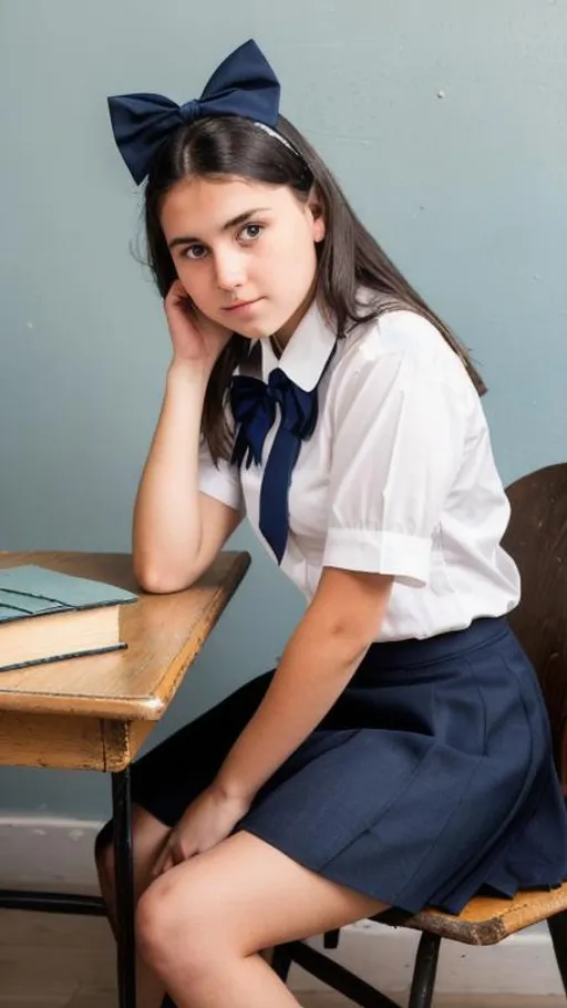 Prompt: The girl is dressed in a school uniform, which consists of a dark blue skirt and a white blouse. She has a white bow on her head and black shoes on her feet. She is sitting at a desk that looks quite old and battered, but still retains its original appearance. On the table in front of her is a math textbook, a pen and a notebook. Her eyes are focused on the book, but she also periodically glances at her classmates, who are also sitting at their desks. In general, the girl looks very neat and disciplined, despite the fact that she is at school in Soviet times.