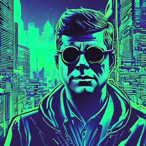 Prompt: JFK wearing neon shutter shades, neon theme, cyberpunk arts style, neon cartoon, ultra high detail, lighting, shaders