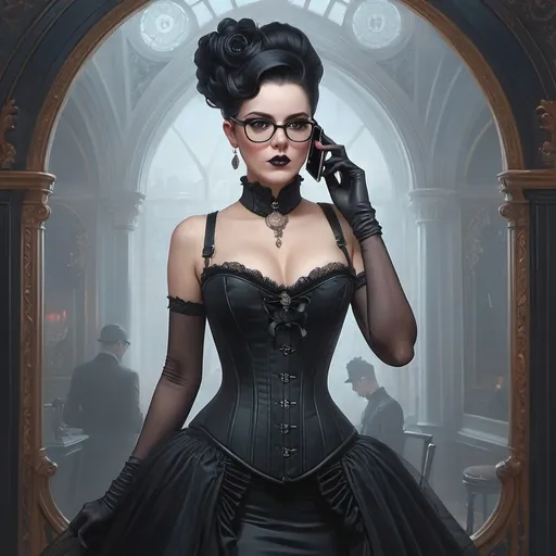 Prompt: a woman in a corset and glasses talking on a cell phone, artstyle tom bagshaw, goth aesthetics, style of tom bagshaw, victorian goth, in the style of tom bagshaw, goth woman, ornamental gothic - cyberpunk, tom bagshaw art style, cyberpunk dark fantasy, in style of tom bagshaw, gothic horror vibes, gothic aesthetic