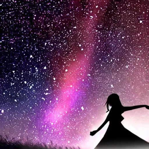 Prompt: A silhouette of a girl, lots of color, nature, stars