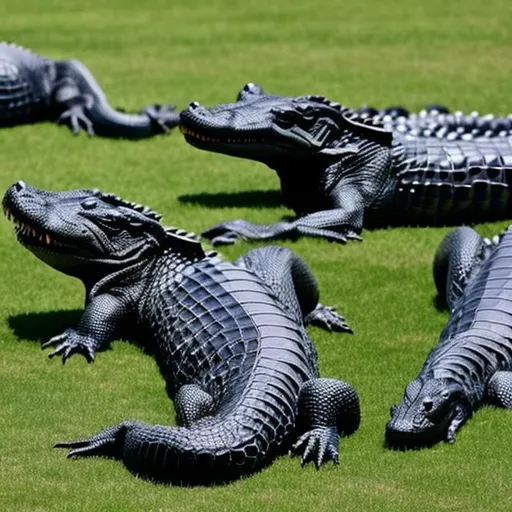 Prompt: Grayish Black alligators are sitting on green grass. These boby are perfect shape.
