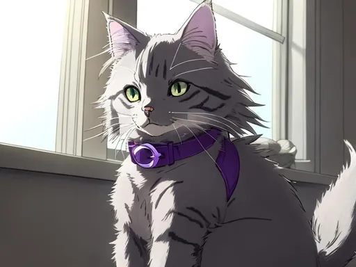 Prompt: Studio ghibli anime style, vivid colours, HDR, gray haired cat named luna , relaxing by the window, wearing small purple collar