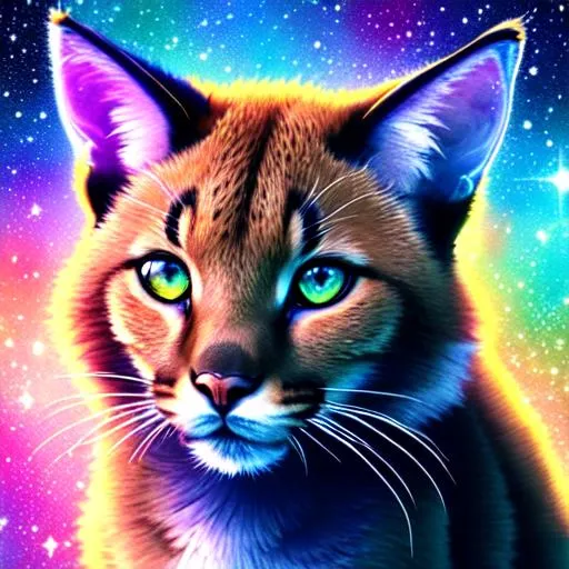 Prompt: Watercolor portrait of a roaring neon baby caracals with iridescent black markings roaring with and galaxy in background, perfect composition, hyper realistic, super detailed, 8k, high quality, intricate details, illustration, watercolor