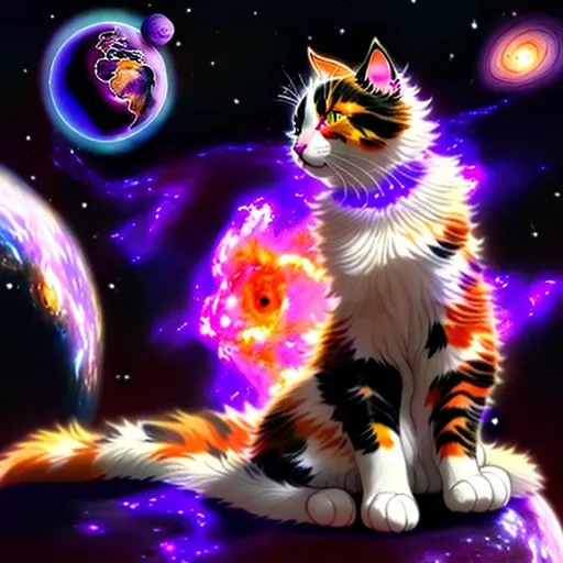 Prompt: A godly calico  made of purple 
plasma the size of a planet holding a normal sized cat in its paw as they sit in space looking at the earth