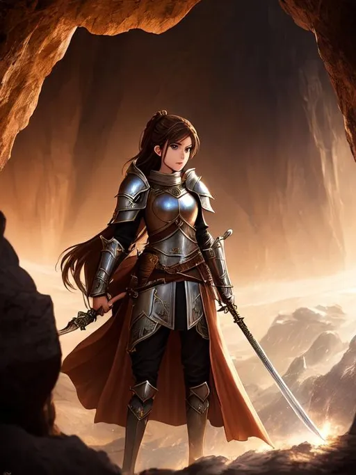Prompt: A female knight with brown hair holding a sword in a cave, epic, dark fantasy, pose, 8k, HD, vibrant, high detail, cinematic, gritty, ethereal, full body, elspeth tirel, anime style, perfect face, anime aesthetic, anime, cave 