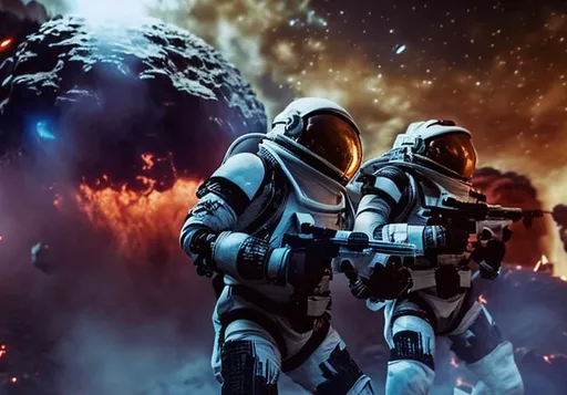 Prompt: spacemen vs aliens battle fire death explosions ice planet action extreme violence power armour movie