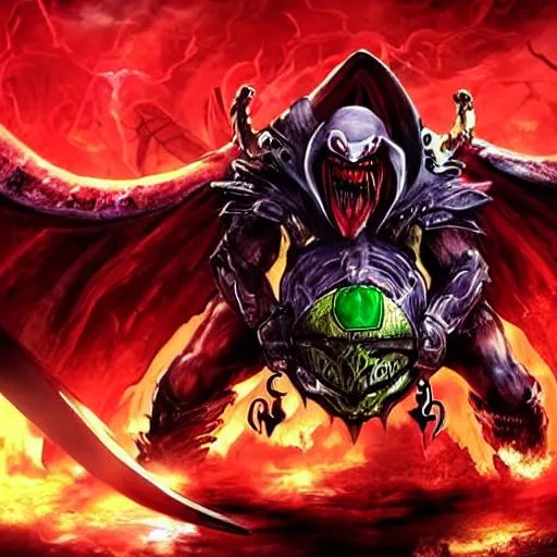 Prompt: greek monster turtle with dark green shell  giant  teeth and a demon rider on top with a mask red eyes and a hell looking hood like a grim reaper. 8k hyper realistic holding a bone  scythe coloured blood red and mystic purple hi definition  and dark pale skin 