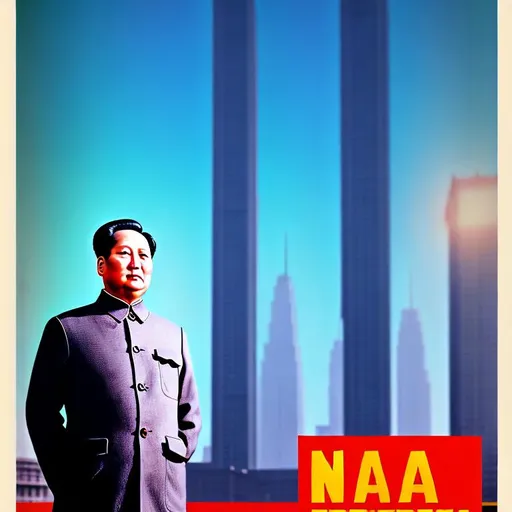 Prompt: 1960s style ad campaign poster of Mao Zedong standing on a girder next to an office tower construction site, vivid colors, advertising poster, cinematic lighting