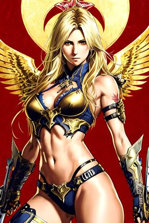 Prompt: Devil May Cry Art (((Yoji Shinkawa))), sticker of ultra detailed portrait of Charlotte Flair, in detailed gold holy armor, high quality cell shaded illustration in post apocalyptic style by Yoji Shinkawa, ((full body)), dynamic pose, perfect anatomy, centered, freedom, soul, blonde long hair,tan skin approach to perfection, cell shading, 4k , cinematic dramatic atmosphere, watercolor painting, global illumination, detailed and intricate environment, artstation, concept art, fluid and sharp focus, volumetric lighting, cinematic lighting, Art by Ilya Kuvshinov
