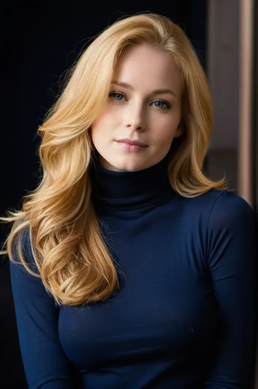 Prompt: A portrait of a confident young woman with flowing golden hair and striking features. She's wearing a form-fitting navy turtleneck that accentuates her silhouette, paired with classic blue jeans. Her posture is poised and graceful, with one hand gently resting on her hip. The soft lighting highlights her facial structure and the smooth texture of her hair, creating an image that's both vibrant and stylish.