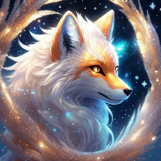 Prompt: A translucent snowy kitsune that is glowing, realistic, nebula, metallic, glitter, in a den, beneath the stars, bioluminescent, highres, best quality, concept art
