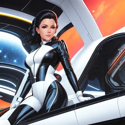 Prompt: Adam Hughes’ best new artwork. Award winning masterpiece. Official art. Original art. 1girl, woman, space ship pilot, sleek outfit, luxury interior. smile, looking at viewer. Retro sci-fi aesthetic. Best quality, ultra smooth, ultra clean, 8k, ultra high res, ultra sharp, ultra-detailed, sharp focus, sharp focus, digital painting, artstation, smooth, concept art, ethereal, digital painting, artstation, concept art, smooth, concept art, happy, ethereal, royal vibe, highly detailed, detailed and intricate background, digital painting, Trending on artstation, Big Eyes, artgerm, highest quality stylized character concept masterpiece, award winning digital 3d oil painting art, hyper-realistic, intricate, 64k, UHD, HDR, image of a gorgeous, beautiful, dirty, highly detailed face, hyper-realistic facial features, perfect anatomy in perfect composition of professional, long shot, sharp focus photography, cinematic 3d volumetric