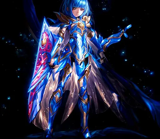 Prompt: Anime, painted, (masterpiece), best quality, expressive eyes, perfect face, full body, 1girl, fourteen years old, dressed in a blue skin tight bodysuit under a set of white armor, wielding a blue tower shield, chest plate with a small blue gem in the middle, short blue hair, blue eyes, determined expression, gauntlets, greaves, armored boots,