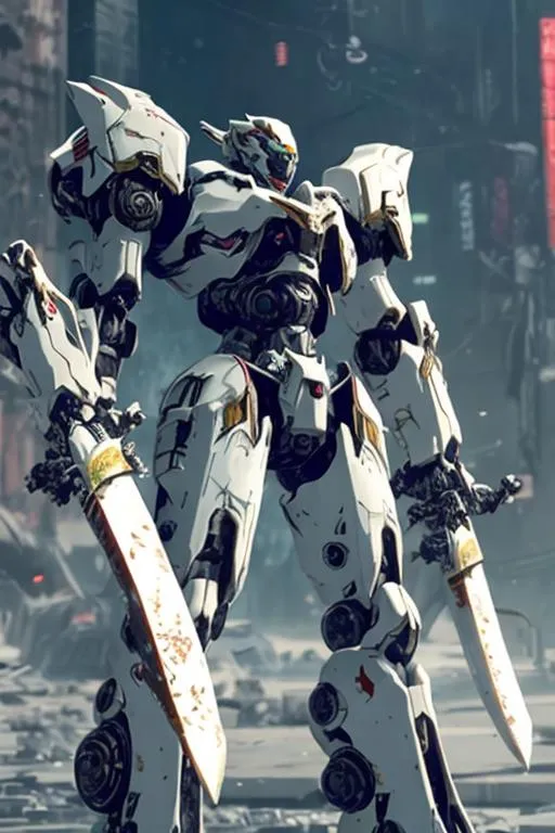 Prompt: A white mecha with sleek but complex armour design holding a long sword and floating weapons surrounding it with a ruined city as background