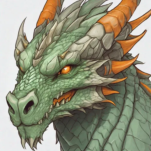 Prompt: Concept design of a dragon. Dragon head portrait. Coloring in the dragon is predominantly pale green with subtle orange streaks and details present.