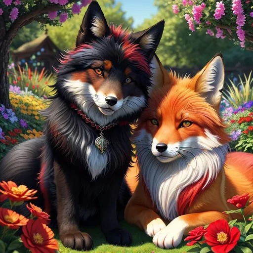 Prompt: (3D, 8k, masterpiece, oil painting, professional, UHD character, UHD background) Portrait of Todd and Vixey, Fox and Hound, vibrant bushy black and scarlet fur, brilliant amber eyes, big sharp 8k eyes, sweetly peacefully smiling, enchanted garden, vibrant flowers, vivid colors, lively colors, vibrant, high saturation colors, highly detailed fur, highly detailed eyes, highly detailed defined face, highly detailed defined furry legs, highly detailed background, full body focus, UHD, HDR, highly detailed, golden ratio, perfect composition, symmetric, 64k, Kentaro Miura, Yuino Chiri, intricate detail, intricately detailed face, intricate facial detail, highly detailed fur, intricately detailed mouth