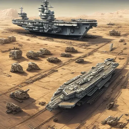 Prompt: aircraft carrier, sandcrawler, long, huge, massive, land ship, battle tank, tank tracks, desert, scifi, futuristic