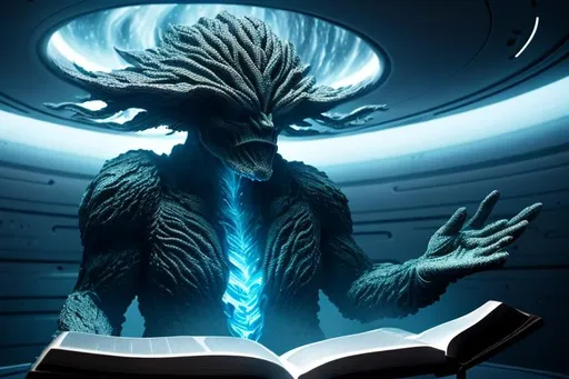 Prompt: ultra high definition; photorealistic; ominous; "A being made of words and knowledge, situated in the center of a space-like environment."
"A figure composed of flowing text, standing at the helm of a fictional space cruiser."
"A physical embodiment of a language model, surrounded by planetoids."
"A humanoid figure with a book for a head, navigating through the cosmos."
"A figure with a brain made of words, steering a spaceship through a star field."
"A figure sitting at a desk with a pen, writing out words that become reality, inside a spaceship."
"A figure with hands that shape words into physical objects, amidst a backdrop of distant galaxies."
"A figure with eyes that see in text and symbols, observing the universe from a spaceship."
"A figure standing in a library, reaching out to touch the books, with stars and planets visible through a window."
"A figure made of light, with words and symbols flowing around it, floating in zero gravity."