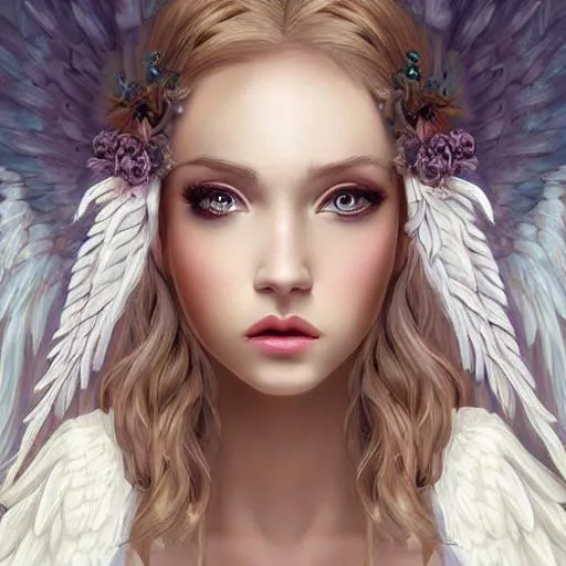 Prompt: Gorgeous Angel with intricate wings detailed dress smooth soft skin, big dreamy eyes, beautiful intricate colored hair, symmetrical, soft lighting, detailed face, digital painting, looking into camera