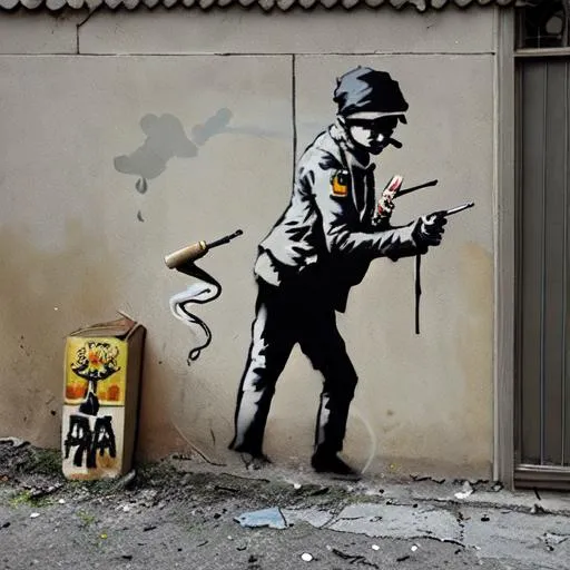 Prompt: Banksy art in the Ukrainian war smoking meth pipe