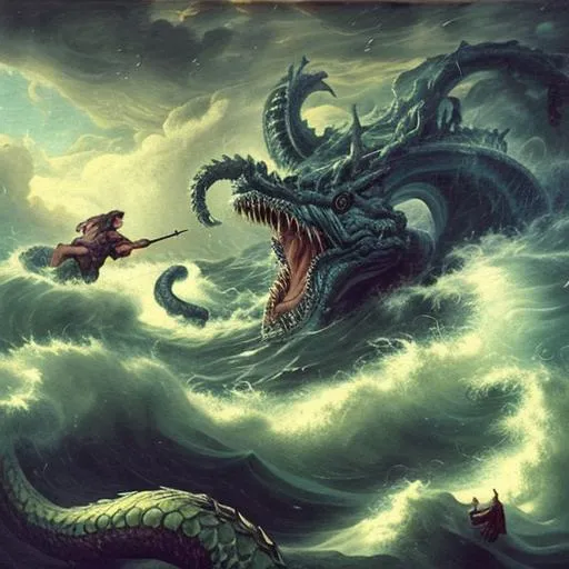Prompt: God fights giant sea serpent in chaotic stormy sea in classical art style