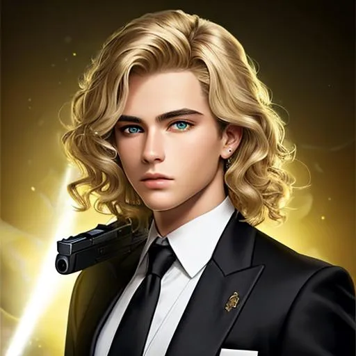 Prompt: Oil painting, 19 year old male, UHD, 8K, Very Detailed, detailed face, with ethereal fantastical light skin & short blond wavy hair and green eyes and black suit, holding a gun