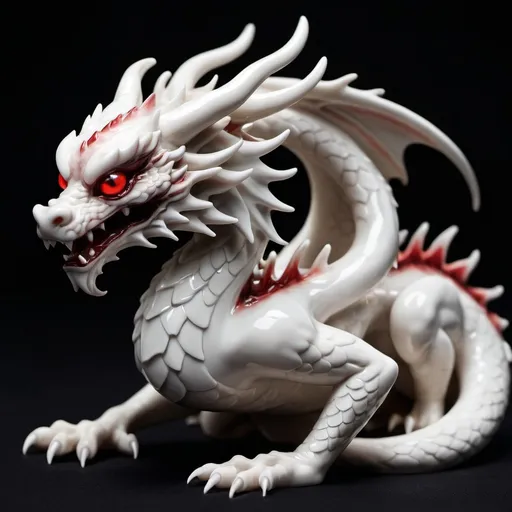 Prompt: miniature status of a white porcelain dragon with red eyes, muted tones,  on a black background 